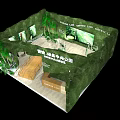 Exhibition Booth Design with Green Decor Palm Trees Wooden Structure and Reception Desk