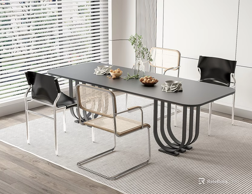 Modern Black Dining Table Set With Mixed Chairs And Green Plant On Wooden Floor 3d model 