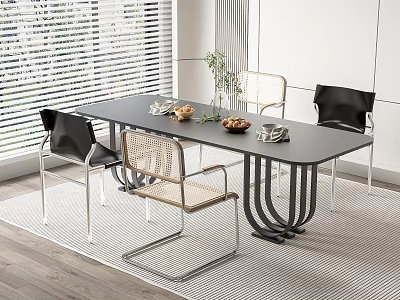 Modern Black Dining Table Set With Mixed Chairs And Green Plant On Wooden Floor 3d model
