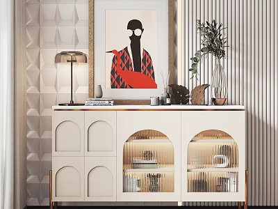 Cream Display Cabinet With Arched Glass Doors Lit Shelves And Decorative Artwork Lamp And Plant 3d model