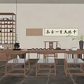 Traditional Chinese Tea Room With Wooden Furniture Tea Table Chairs Bookshelves And Calligraphy Art