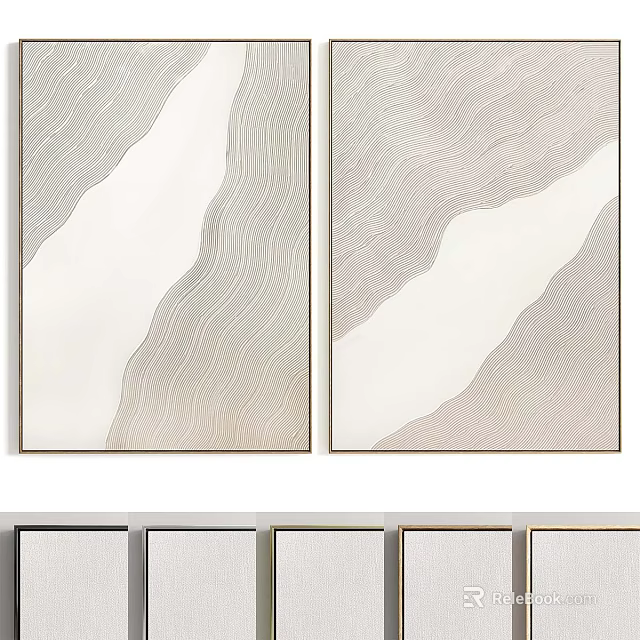 Modern Minimalist Abstract Paintings With Wavy Lines And White Cabinets Below 3d model 