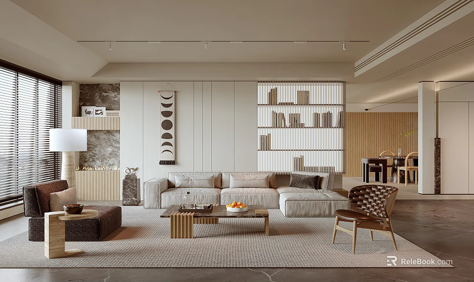 Modern Living and Dining Room Interior With Sofa Coffee Table Dining Table And Bookshelf 3d model