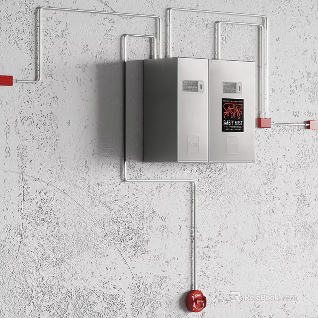 Stainless Steel Industrial Control Cabinet With Electrical Components And Red Piping 3d model 