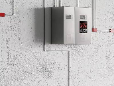 Stainless Steel Industrial Control Cabinet With Electrical Components And Red Piping 3d model