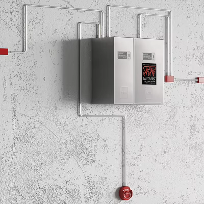 Stainless Steel Industrial Control Cabinet With Electrical Components And Red Piping 3d model