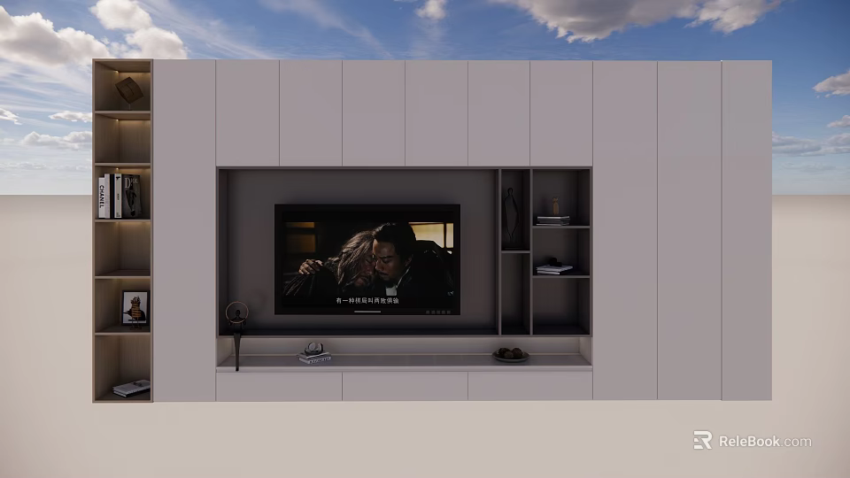 Modern White TV Wall Unit With Built In TV And Storage Shelves 3d model 