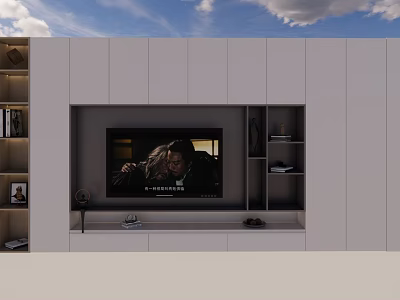 Modern White TV Wall Unit With Built In TV And Storage Shelves 3d model