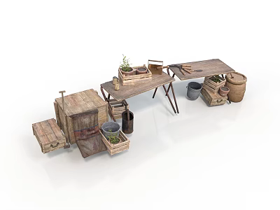 Decorative Bonsai Potted Plants Arranged On Rustic Wooden Table With Baskets And Barrels 3d model