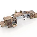 Decorative Bonsai Potted Plants Arranged On Rustic Wooden Table With Baskets And Barrels