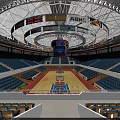 Modern Basketball Arena Interior Design Featuring Blue Seats Basketball Court And Scoreboard