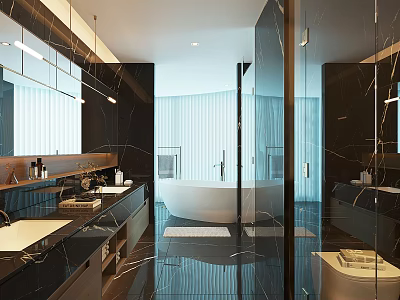 Modern Bathroom Interior With Marble Countertops Double Sinks Freestanding Bathtub Large Mirrors And Glass Partitions 3d model