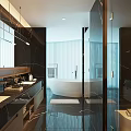Modern Bathroom Interior With Marble Countertops Double Sinks Freestanding Bathtub Large Mirrors And Glass Partitions