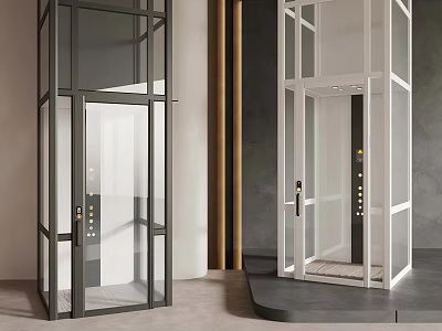 Modern Glass Elevators With Black And White Frames In Minimalist Interior Design 3d model