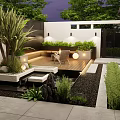 Evening Courtyard Garden with Wooden Deck Fire Pit Seating Lush Green Plants and Round Lighting