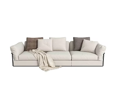 Modern Beige Three-Seater Sofa with Brown and White Pillows and Cozy Blanket 3d model