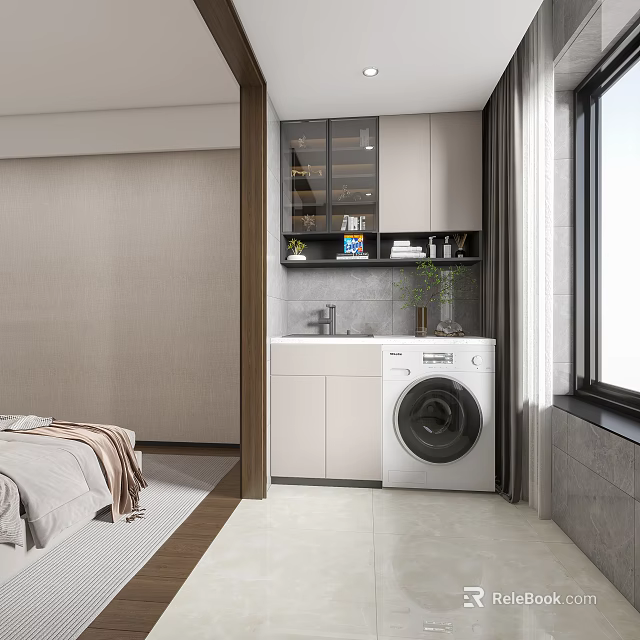 Modern Home Balcony Design with Washing Machine Sink Cabinets Curtains and Green Plant 3d model 