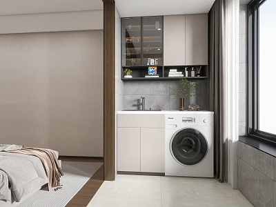 Modern Home Balcony Design with Washing Machine Sink Cabinets Curtains and Green Plant 3d model