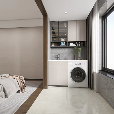 Modern Home Balcony Design with Washing Machine Sink Cabinets Curtains and Green Plant 3d model