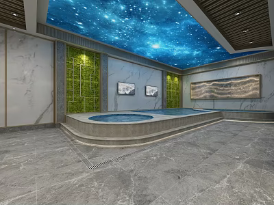 Luxurious SPA Sauna Room With Starry Ceiling Marble Walls Green Plant Wall And Jacuzzi 3d model