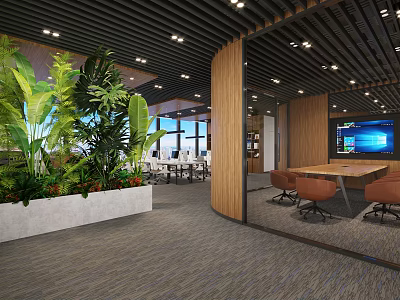 Modern Public Office Space With Large Green Plants Wooden Partitions And Meeting Table 3d model