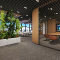 Modern Public Office Space With Large Green Plants Wooden Partitions And Meeting Table
