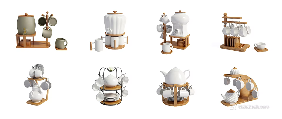 Elegant Ceramic Tableware Sets With Teapots Cups Saucers And Wooden Racks 3d model 