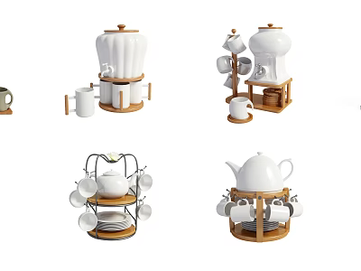 Elegant Ceramic Tableware Sets With Teapots Cups Saucers And Wooden Racks 3d model