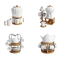Elegant Ceramic Tableware Sets With Teapots Cups Saucers And Wooden Racks 3d model