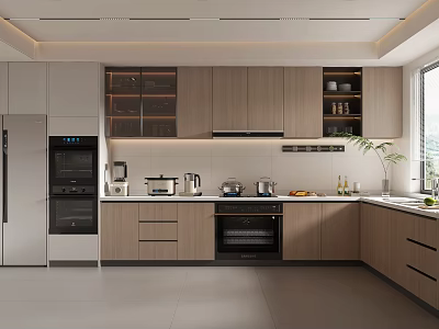 Modern Kitchen Interior With Wooden Cabinets Countertop Appliances And Window Plant 3d model