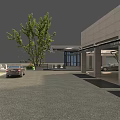 Modern Building Entrance Gate With Stone Structure Glass Doors And Canopy