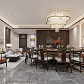 Elegant Chinese Private Room Interior With Dining Table Sofa And Chandelier 3d model