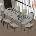 Modern Dining Table Set With Marble Top Grey Chairs And Decorative Plants 3d model