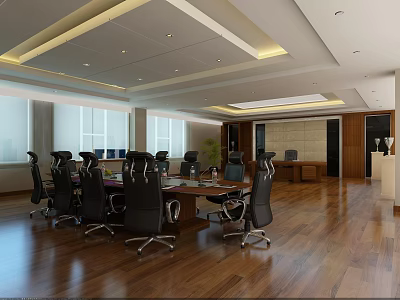 Modern Office Meeting Room Long Table Black Chairs Wooden Flooring Large Windows Ceiling Light Strips 3d model