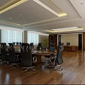 Modern Office Meeting Room Long Table Black Chairs Wooden Flooring Large Windows Ceiling Light Strips