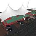 Tensile Membrane Structures Over Green Sports Court Near Red Brick Building With Trees And Cars