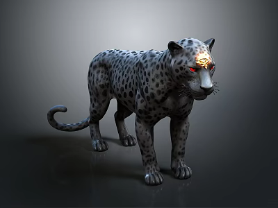 Detailed Spotted Leopard with Red Eyes in 3D Model Standing on Dark Background 3d model
