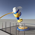 Yellow Art Installation With White Hat Blue Elements And Curved Structure On Glass Platform 3d model