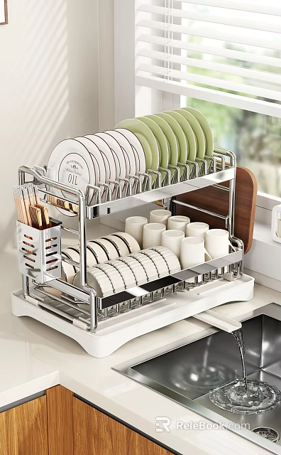 Stainless Steel Double Layer Kitchenware Dish Rack With Plates Cups And Utensils On Kitchen Countertop 3d model 