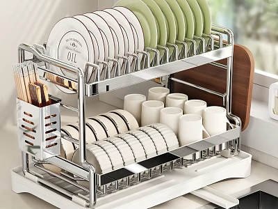 Stainless Steel Double Layer Kitchenware Dish Rack With Plates Cups And Utensils On Kitchen Countertop 3d model