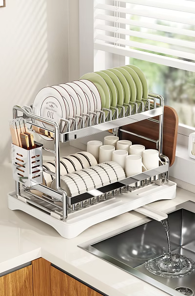 Stainless Steel Double Layer Kitchenware Dish Rack With Plates Cups And Utensils On Kitchen Countertop 3d model
