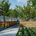 Rustic Garden Landscape With Pergola Red Fruit Trees Bamboo Fence Stone Path And Vegetable Beds
