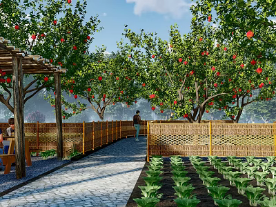 Rustic Garden Landscape With Pergola Red Fruit Trees Bamboo Fence Stone Path And Vegetable Beds 3d model