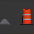 Orange Traffic Cone With Reflective Stripes Black Base And Gray Triangular Metal Road Barrier