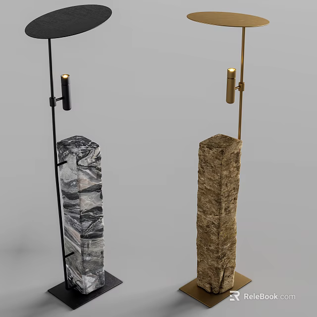 Modern Minimalist Floor Lamp With Black Gold Stand And Gray Marble Brown Stone Base 3d model 