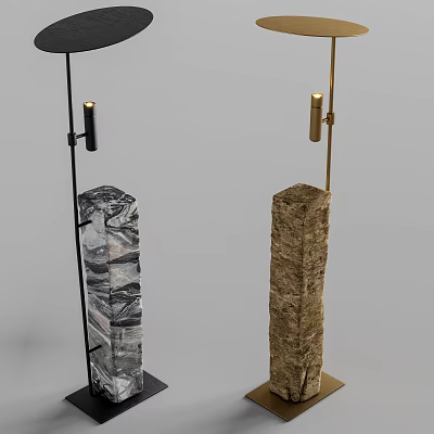 Modern Minimalist Floor Lamp With Black Gold Stand And Gray Marble Brown Stone Base 3d model
