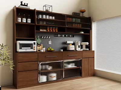 Modern Wooden Sideboard With Storage Shelves Drawers Kitchen Appliances And Decorative Items 3d model
