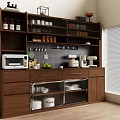Modern Wooden Sideboard With Storage Shelves Drawers Kitchen Appliances And Decorative Items