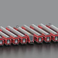 Red And Silver Train Models Neatly Arranged In A Row Display Collection 3d model