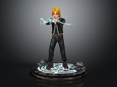 Blonde Character In Black Outfit Standing On Glowing Rune Base Emitting Blue Lightning From Hands 3d model